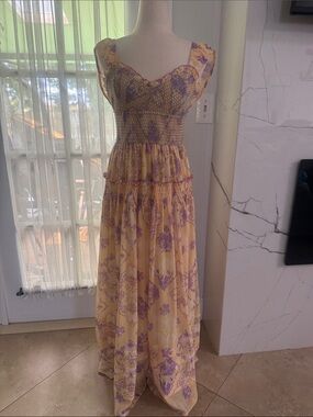 Yellow & Lavender Floral Maxi Dress - Sleeveless Smocked Bodice